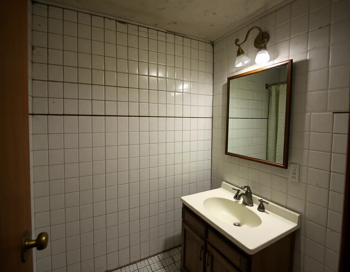 Bathroom before DecorAI transformation - outdated tiles and fixtures