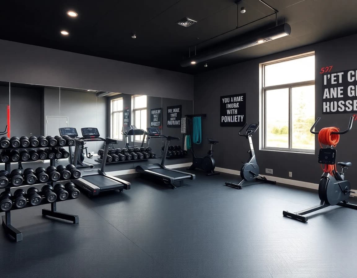 Fitness room after DecorAI transformation - modern home gym with organized equipment