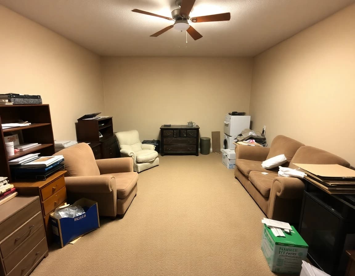 Yoga room before DecorAI transformation - cluttered space with old furniture